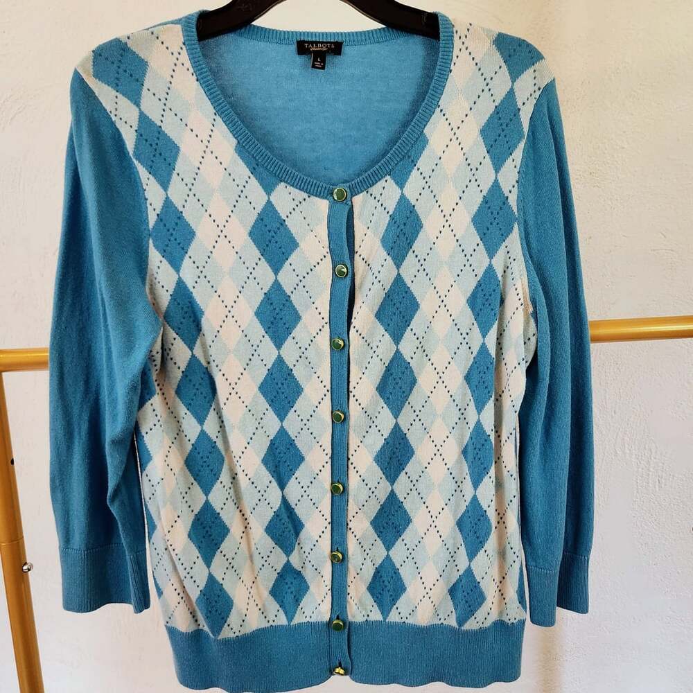 Talbots Blue Argyle Cardigan Sweater 3/4 Sleeve Cotton Silk Blend Size L